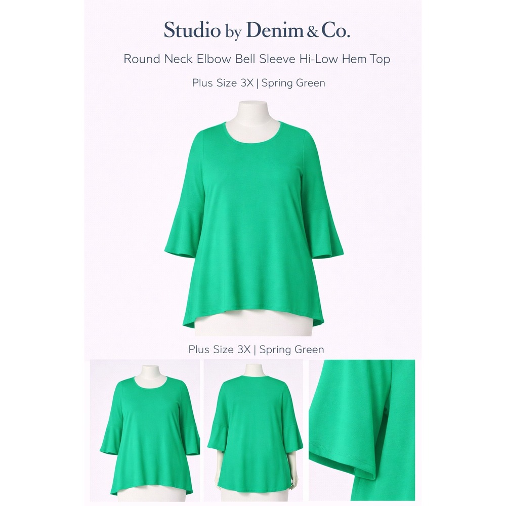 Studio by Denim & Co Womens Plus 3X Spring Green Bell Sleeve Hi-Low Hem Knit Top